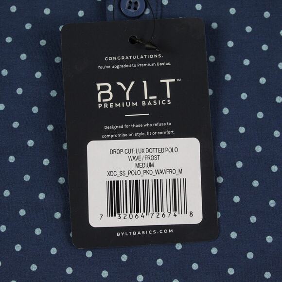 Bylt Polo Men Medium Drop Cut Lux Dotted Blue Wave Frost Performance Casual - Picture 3 of 10